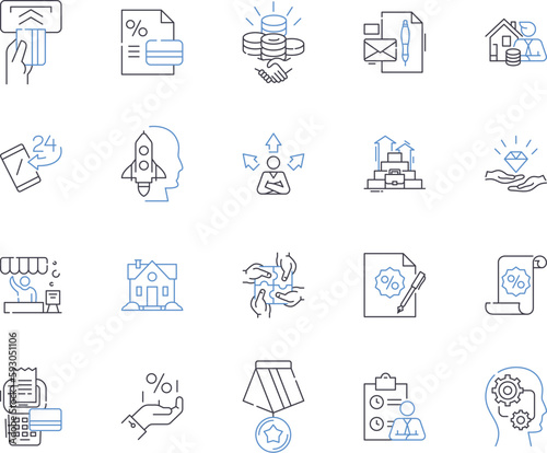 Promotions and discounts outline icons collection. Promotions, discounts, deal, sale, offer, voucher, coupon vector and illustration concept set. markdown, bargain, save linear signs