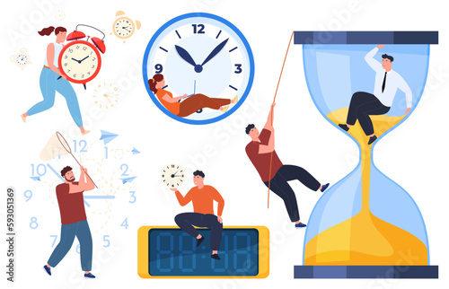 Deadline. People want to catch up to make up time. Different clocks. Fast workflow. Vector illustration