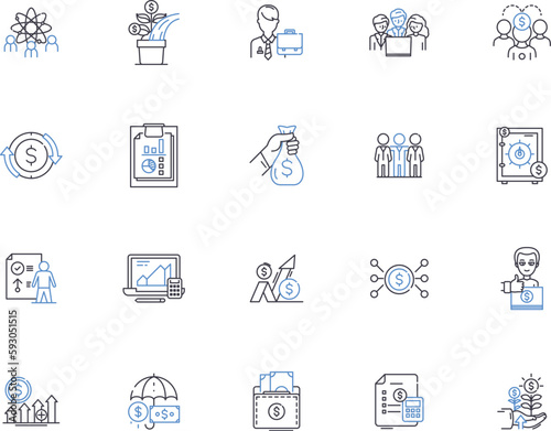 Buy a business outline icons collection. Purchase, Acquire, Invest, Business, Buyer, Seller, Merger vector and illustration concept set. Franchise, Real-Estate, Assets linear signs