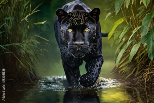 Black panther walking on rainforest. Generative Ai