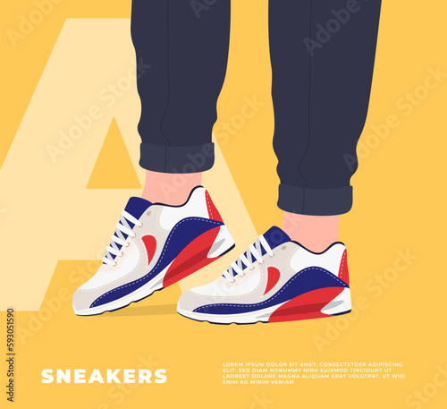 Lower part of human legs with sneakers. Fashionable sports shoes for sports and walks. Vector illustration