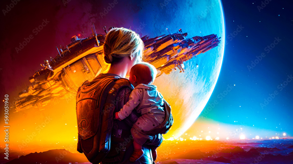 Φωτογραφία Woman holding child in front of space station with spaceship in the background
