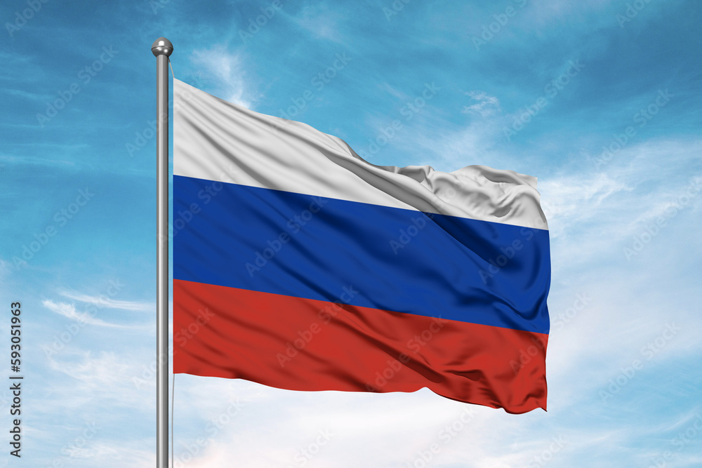 Russia national flag cloth fabric waving on beautiful sky Background. Russia national flag cloth fabric waving on beautiful sky Background.