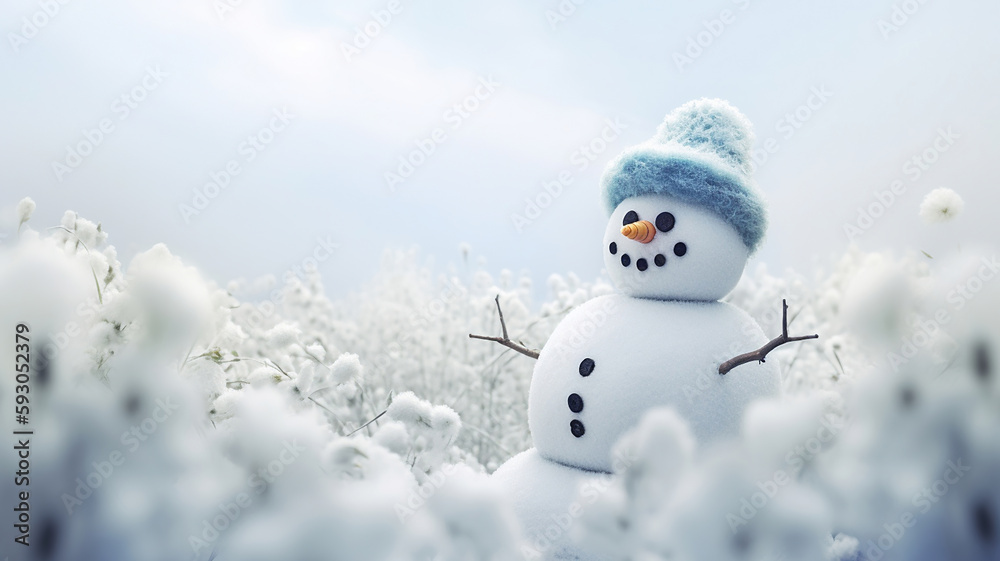 Obraz premium Panoramic view of happy snowman in winter scenery. Generative Ai
