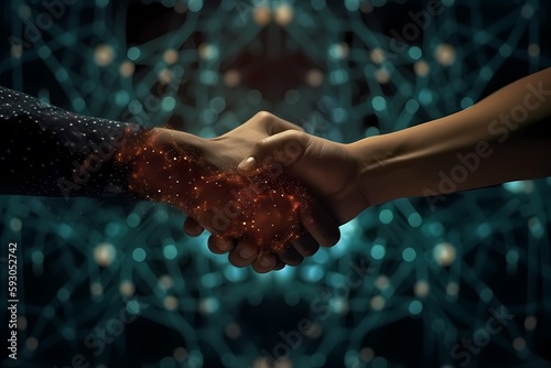 Shaking hands at the conclusion of a business deal. Cryptocurrency, blockchain, bitcoin, mining, financial transactions, high resolution, art. Generative ai.