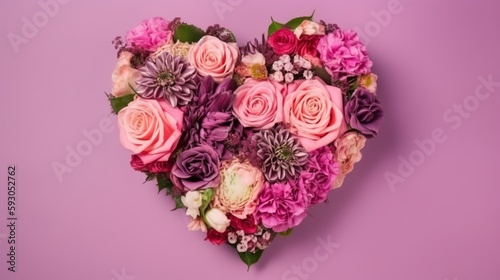 Bouquet of flowers in the form of a heart in a pink backgroun. Valentines Day. Mothers Day. 