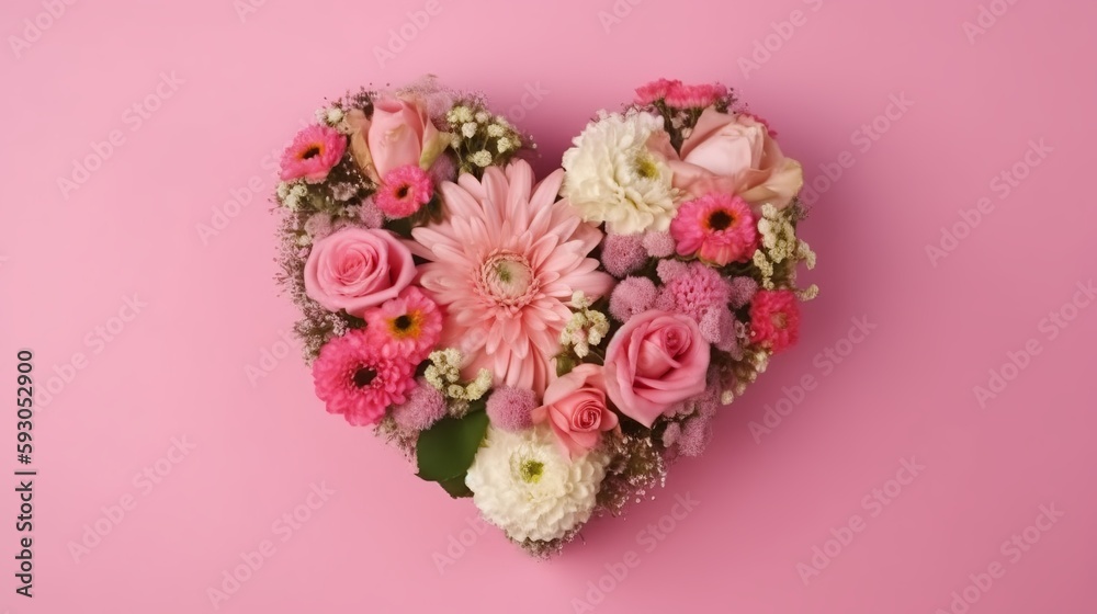 Bouquet of flowers in the form of a heart in a pink backgroun. Valentines Day. Mothers Day. 