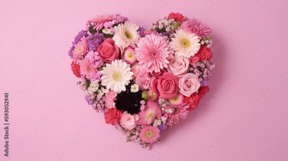 Bouquet of flowers in the form of a heart in a pink backgroun. Valentines Day. Mothers Day. 