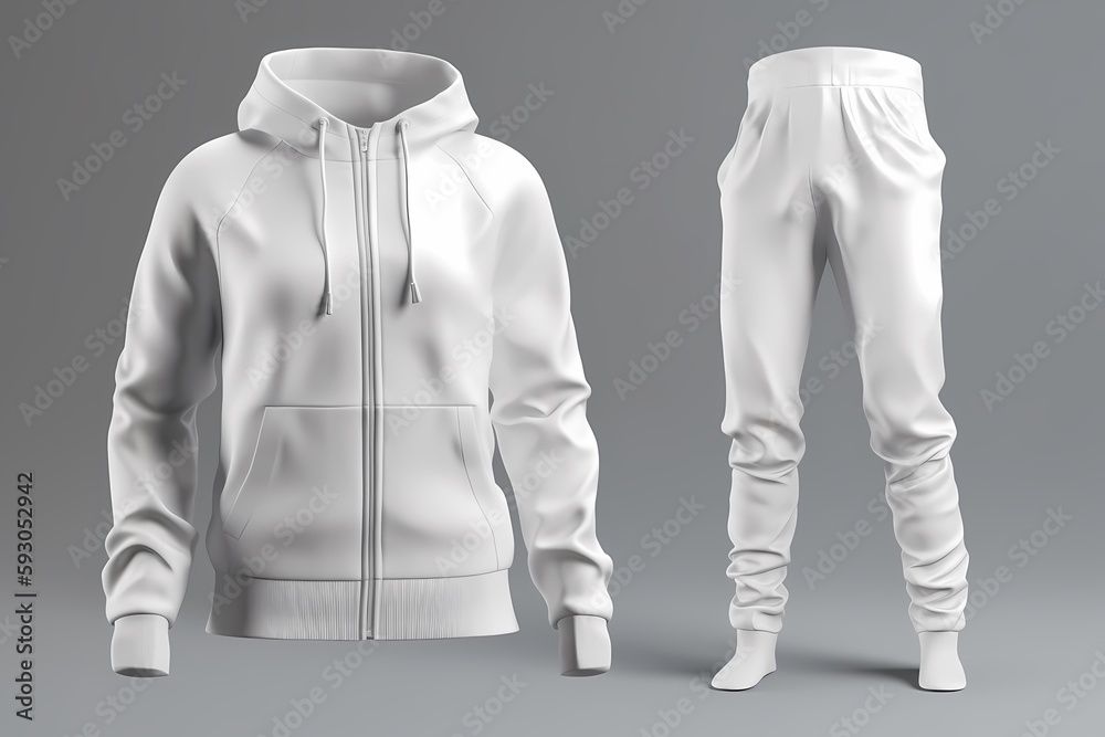 Blank hooded tracksuit top, jacket design, sportswear, track front, side views with pants. Mock