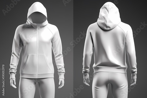 Blank hooded tracksuit top, jacket design, sportswear, track front, side views with pants. Mock up Template. Generative Ai. photo