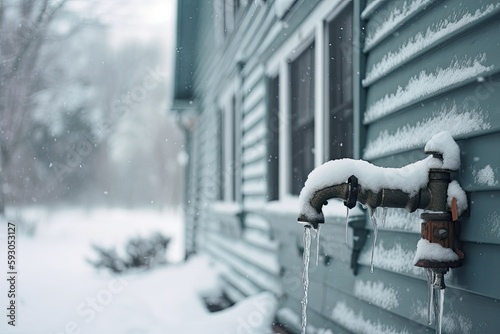 Throughout the winter, snow accumulates on outdoor water faucets. Concept of home upkeep, weatherproofing, and repair. Generative AI photo