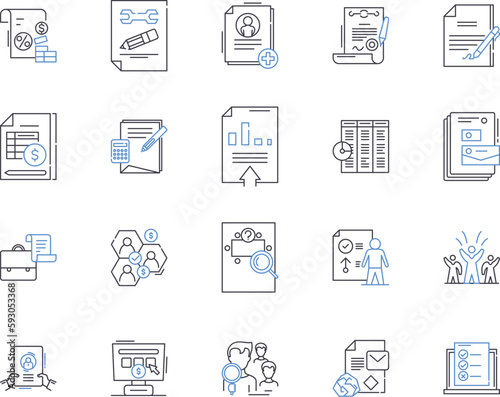 Business documents outline icons collection. Contracts, Policies, Invoices, Letters, Reports, Proposals, Bylaws vector and illustration concept set. Books, Plans, Forms linear signs