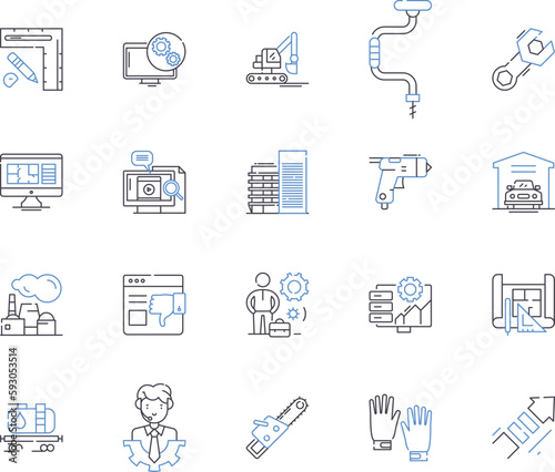 Builder and industry outline icons collection. Builder, Industry, Construction, Development, Foreman, Architect, Contractor vector and illustration concept set. Craftsman, Technician, Site linear