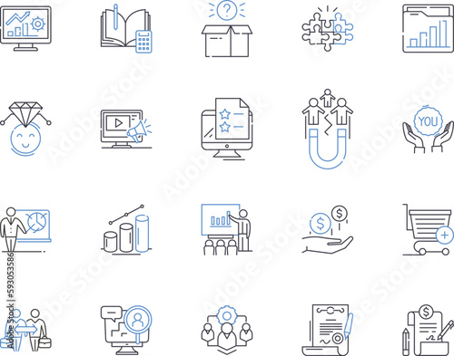 Strategy and brainstorming outline icons collection. Strategy, Brainstorming, Planning, Analyzing, Conceptualizing, Ideating, Thinking vector and illustration concept set. Innovating, Assessing
