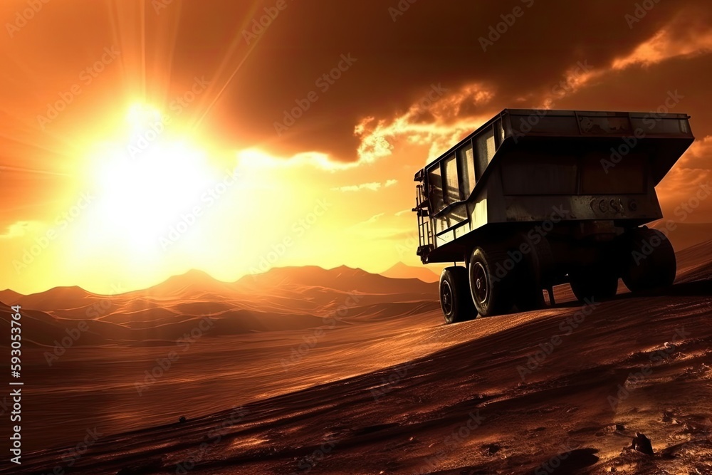 A mining truck carrying iron ore and a roaring sunset over an open-pit mine. Generative AI A mining truck carrying iron ore and a roaring sunset over an open-pit mine. Generative AI