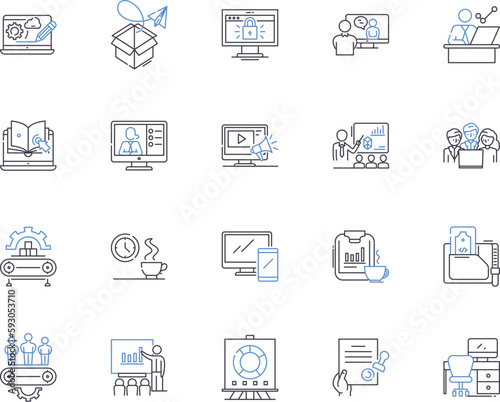 Corporation department outline icons collection. Corporate, Department, Finance, Accounting, Human Resources, Legal, Technical vector and illustration concept set. Marketing, Operations, Sales linear