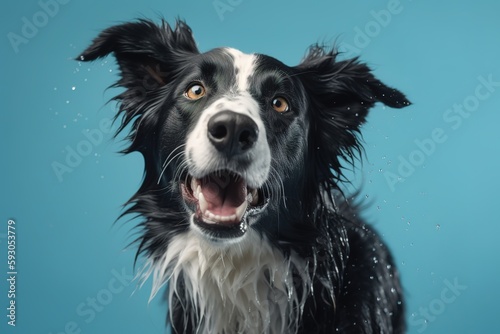 A wet, happy Border Collie dog taking a bath, playing in water. pet care grooming and washing concept. © EOL STUDIOS