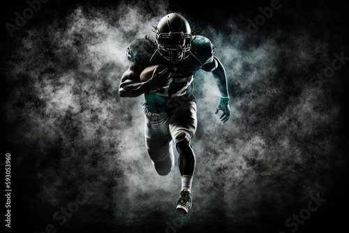 American football player running in a dark background. Generative Ai