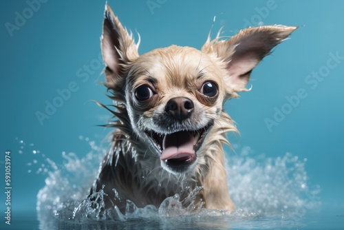 A wet, happy Chihuahua dog taking a bath, playing in water. pet care grooming and washing concept.