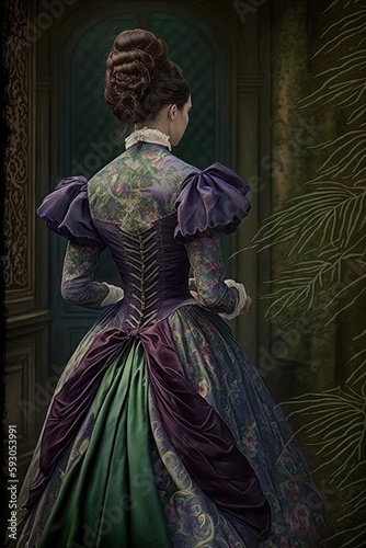 Illustration of woman with victorian dress. Generative Ai photo