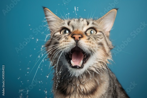 A wet, house cat taking a bath, playing in water. pet care grooming and washing concept.