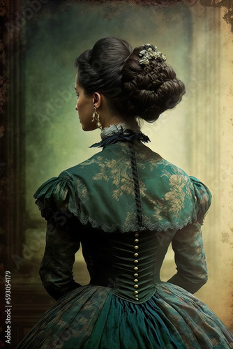 Illustration of woman with victorian dress. Generative Ai