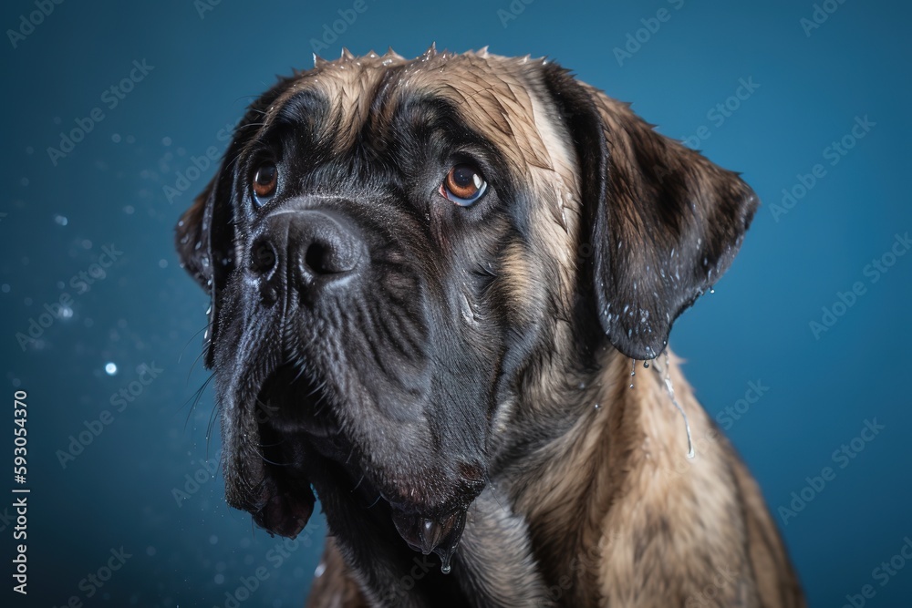 A wet, happy English Mastiff dog taking a bath, playing in water. pet care grooming and washing concept.