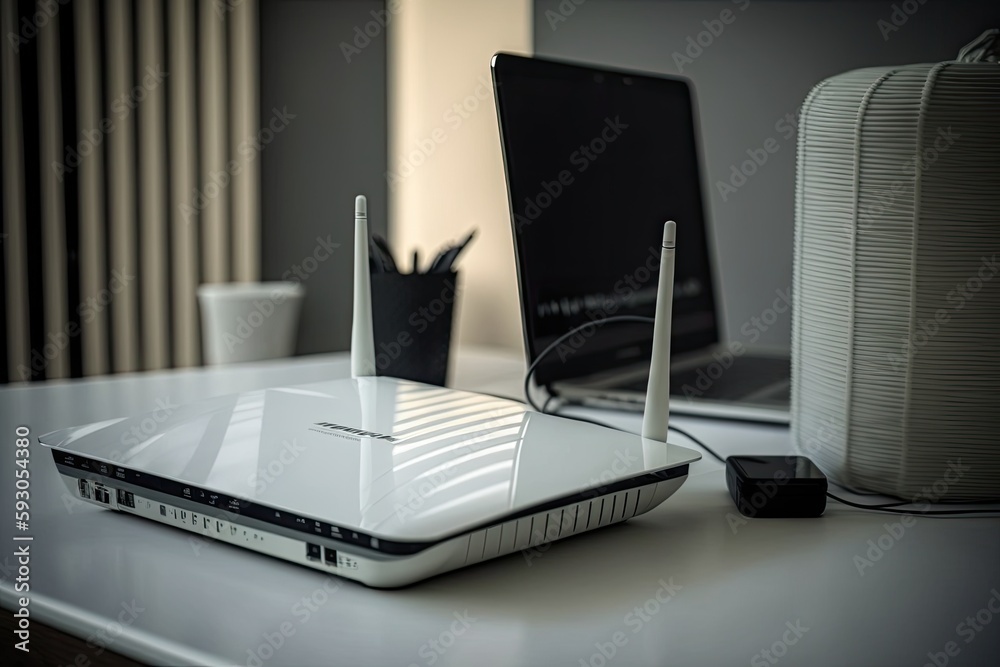 Fototapeta premium On a glass table, next to a laptop, is a white wireless wi fi router. Generative AI
