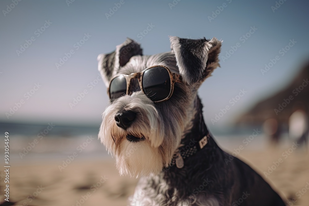 Summer Joys: A Happy Miniature Schnauzer in Sunglasses at the Beach, Generative AI