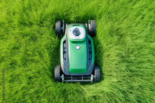 Top down view of automatic robot lawn mower on a green lawn with summer landscape background. High quality generative ai