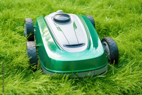 Automatic robot lawn mower on a green lawn closeup. High quality generative ai