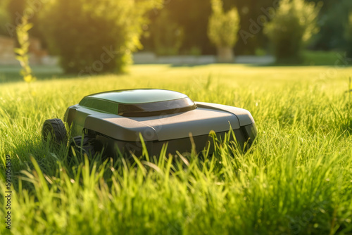 Automatic robot lawn mower on a green lawn with summer landscape background. High quality generative ai