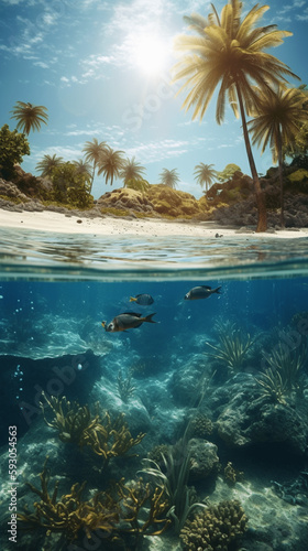Split View of the ocean and tropical paradise island generative ai © deyton