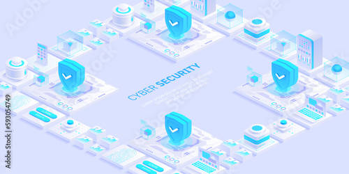 Cyber security concept. Antivirus, encryption, cloud data protection. Software development. Safety internet. Online information protect. Digital technology isometric vector background.