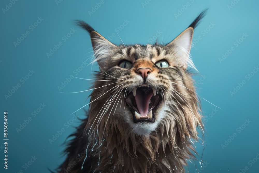 A wet, Maine Coon cat taking a bath, playing in water. pet care grooming and washing concept.