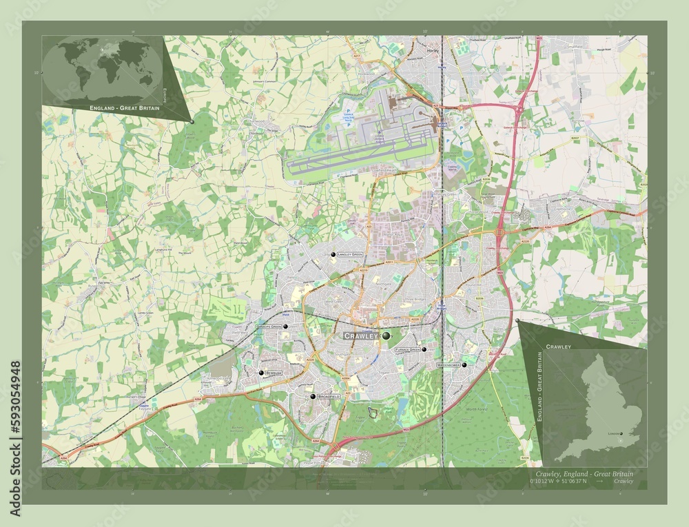 Fototapeta premium Crawley, England - Great Britain. OSM. Labelled points of cities