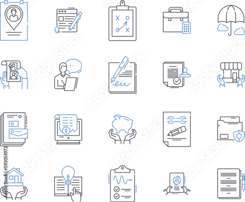 Insurance and laegal outline icons collection. Insurance, Legal, Coverage, Claims, Liability, Risk, Compliance vector and illustration concept set. Contract, Lawyer, Litigation linear signs