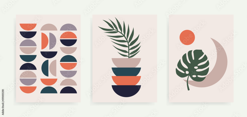 Set of abstract landscape posters. Modern background flat design. Botanical wall art vector set