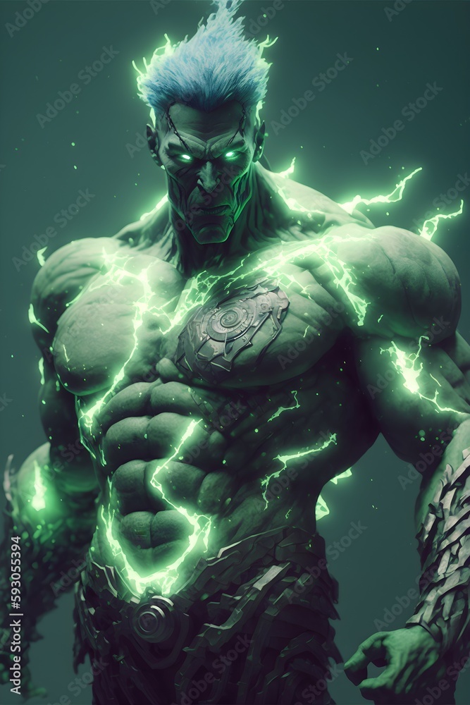 light green thunder god throwing lightning bolts cinematic neon green