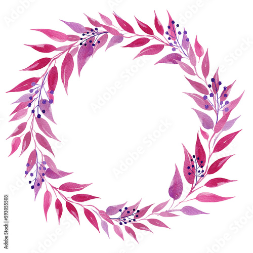 watercolor wreath with pink and magenta leaves, illusration, sketch, rose color, purple color herbal ornament isolated on white background