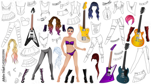 Rockstar Coloring Page Paper Doll with Beautiful Lady, Outfits, Hairstyles and Accessories. Vector Illustration