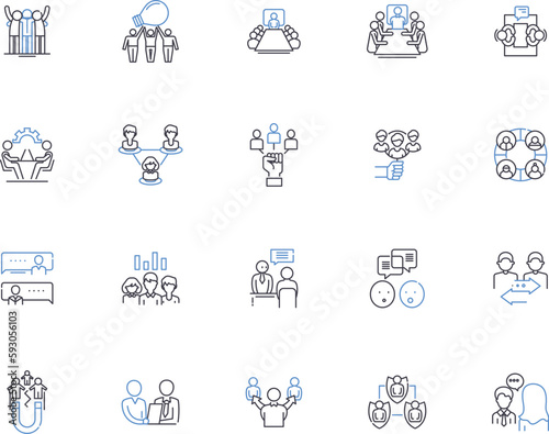 Negotiations outline icons collection. Negotiating, Discussions, Dialogue, Settlement, Arranging, Compromise, Mediation vector and illustration concept set. Bargaining, Consultations, Convincing