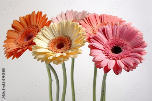 Beautiful gerbera daisies stand alone on a white background. Generative AI