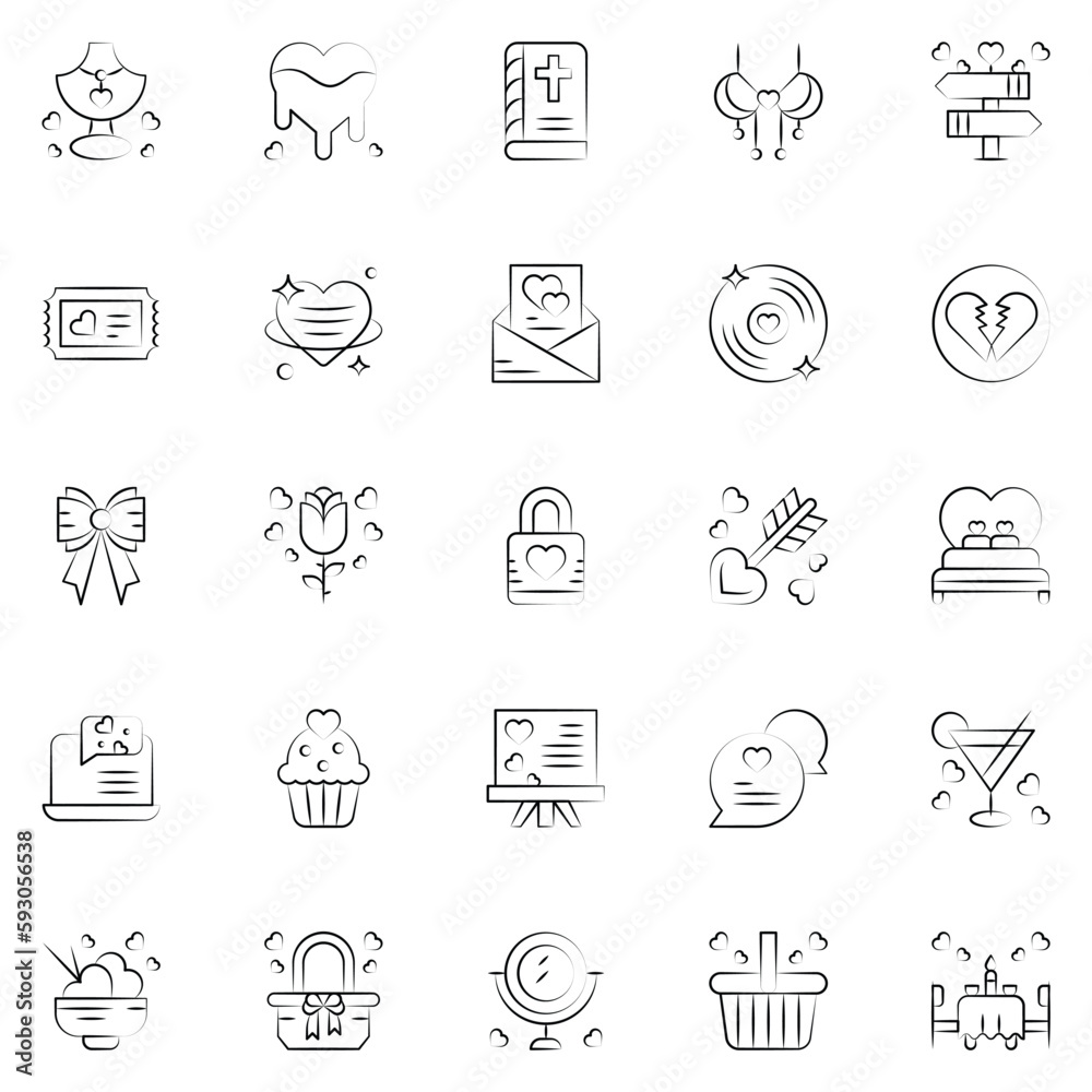 Valentine's Day Icons: teddy bear. letter. ring with a diamond. heart. rose. cupcake. strawberry in chocolate and gift. Vector illustration.