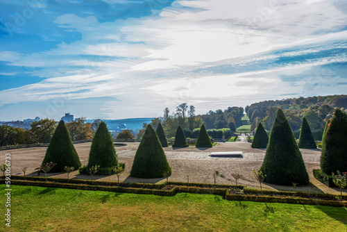 Amazing View on garden of  Domaine national de Saint-Cloud  with topiary trees  and  in distance  