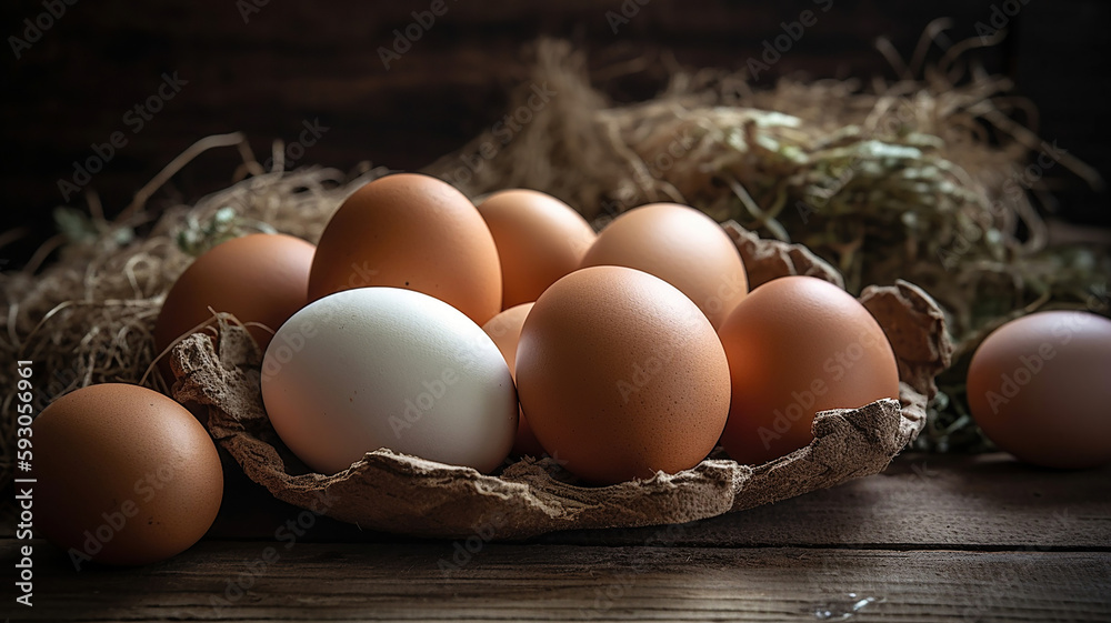 Fresh farm eggs on a wooden rustic background. Generative Ai Fresh farm eggs on a wooden rustic background. Generative Ai