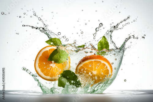 Water splashing with fresh orange slices  mint leaves as a concept for summertime libations. White high key background. High quality generative ai