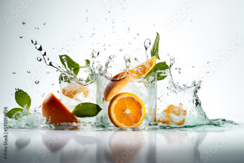 Water splashing with fresh orange slices, mint leaves as a concept for summertime libations. White high key background. High quality generative ai