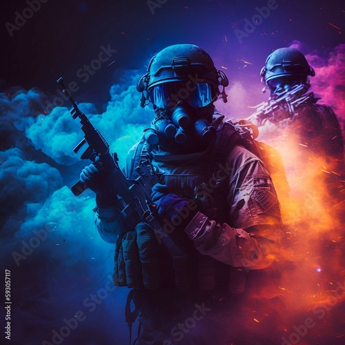 Terrorist soldiers coming out of neon smoke