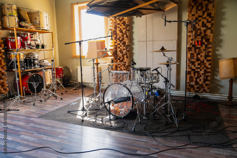 Drumset in miced up in recording studio